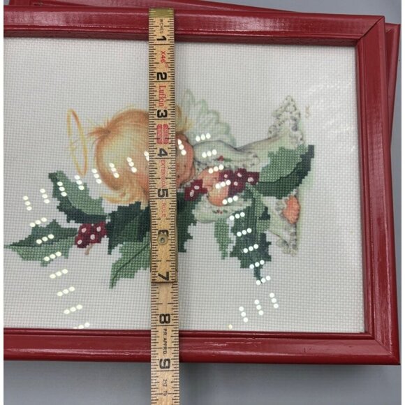 Set Of 2 Vtg Ruth Morehead Angel Complete Cross Stitch Framed Art Red Frames - Picture 7 of 7